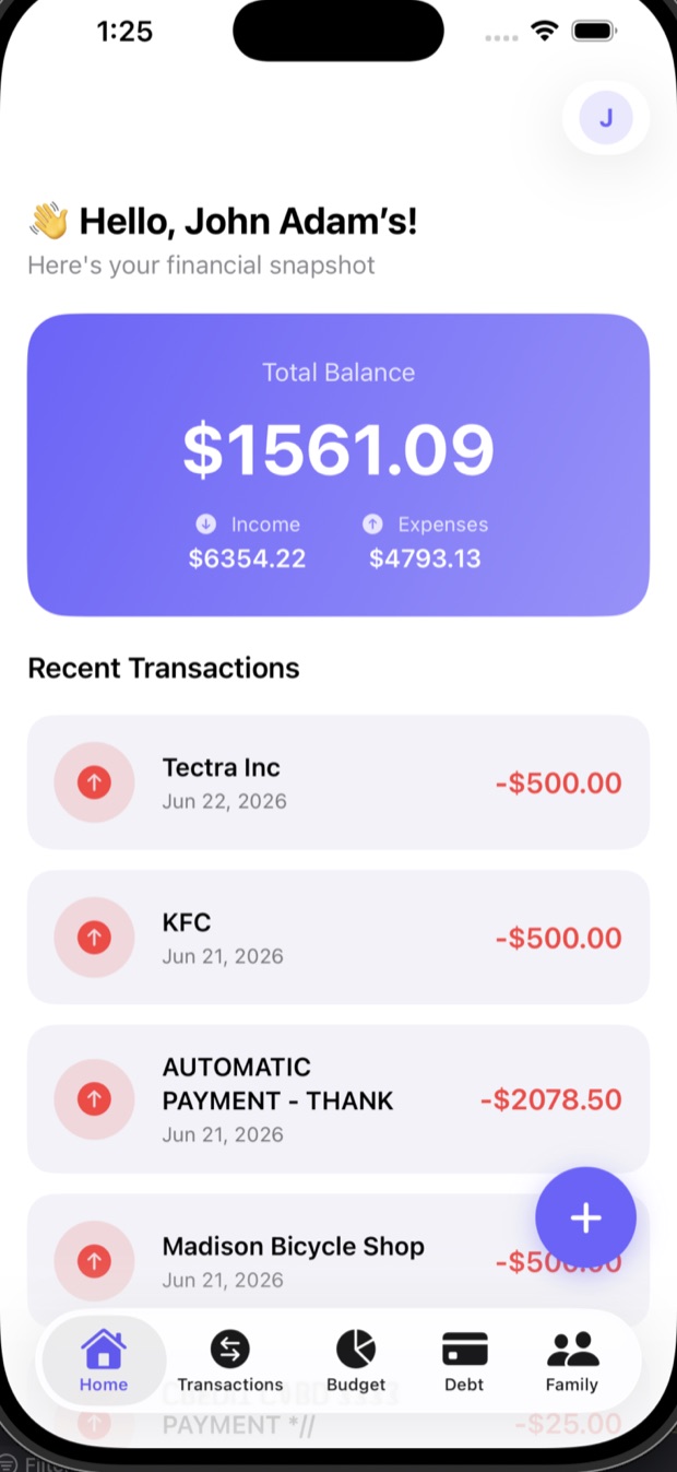 The TetherFree dashboard showing total balance, income and expenses, and recent transactions