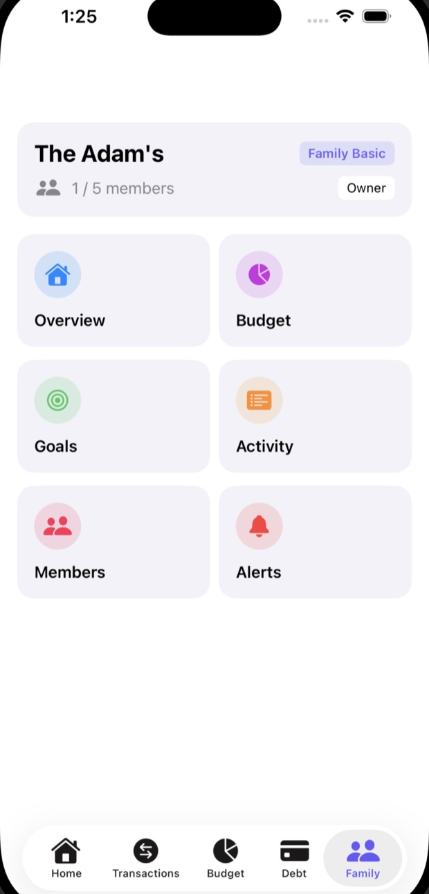The TetherFree family screen showing the family plan, members, and shortcuts to Overview, Budget, Goals, Activity, Members, and Alerts